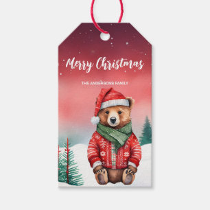 Cute teddy Bear Santa Christmas party Snow kid Gift Tags