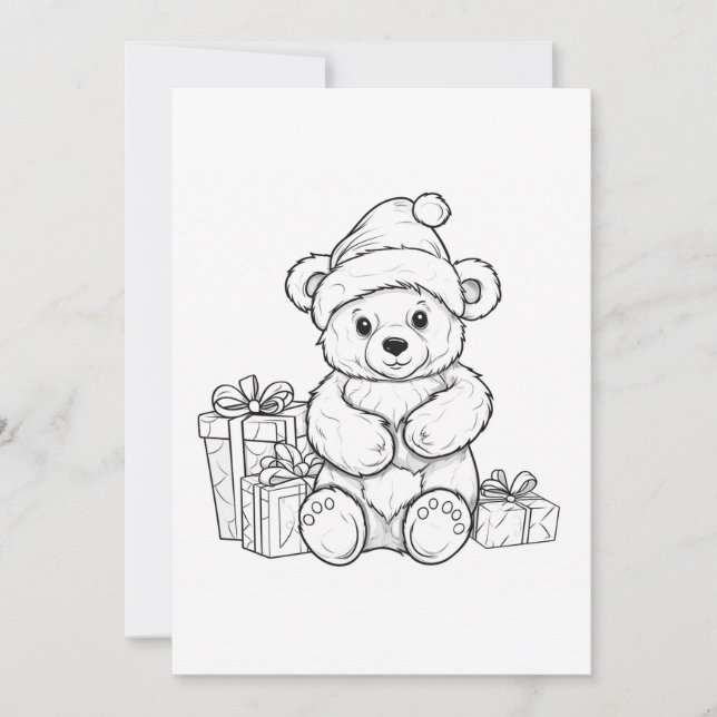 Cute Teddy Bear Santa Kids Colouring Christmas  Holiday Card (Front)