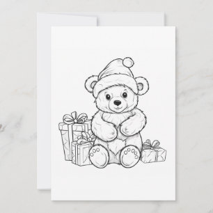 Cute Teddy Bear Santa Kids Colouring Christmas  Holiday Card