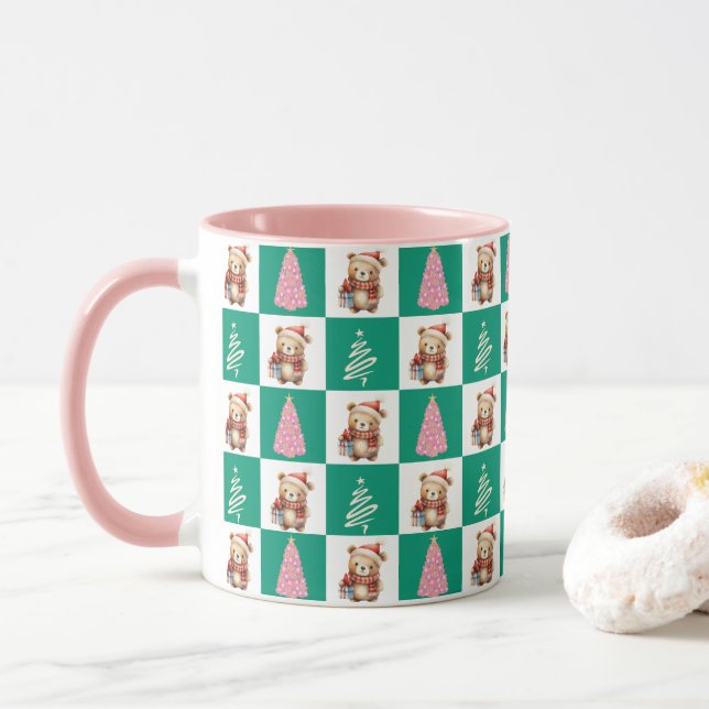 Cute teddy Bear Santa Merry Christmas tree party Mug (With Donut)