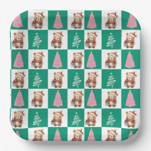 Cute teddy Bear Santa Merry Christmas tree party Paper Plate