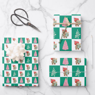 Cute teddy Bear Santa Merry Christmas tree party Wrapping Paper Sheet