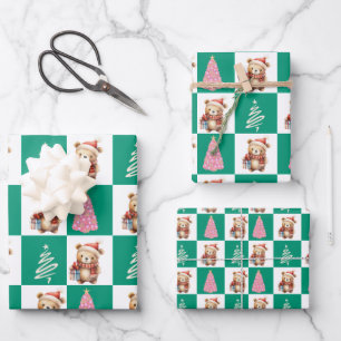 Cute teddy Bear Santa Merry Christmas tree party Wrapping Paper Sheet