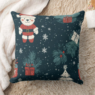 Cute Teddy Bear & Santa on Dark Green (1) Cushion