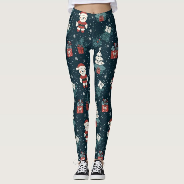 Cute Teddy Bear & Santa on Dark Green (1) Leggings (Front)