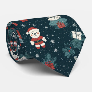 Cute Teddy Bear & Santa on Dark Green (1) Tie