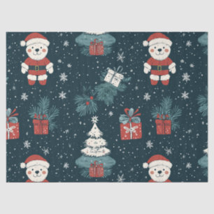 Cute Teddy Bear & Santa on Dark Green (1) Tissue Paper