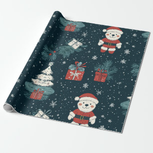 Cute Teddy Bear & Santa on Dark Green (1) Wrapping Paper