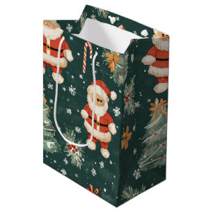 Cute Teddy Bear & Santa on Dark Green (2) Medium Gift Bag