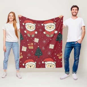 Cute Teddy Bear & Santa on Red (1) Fleece Blanket