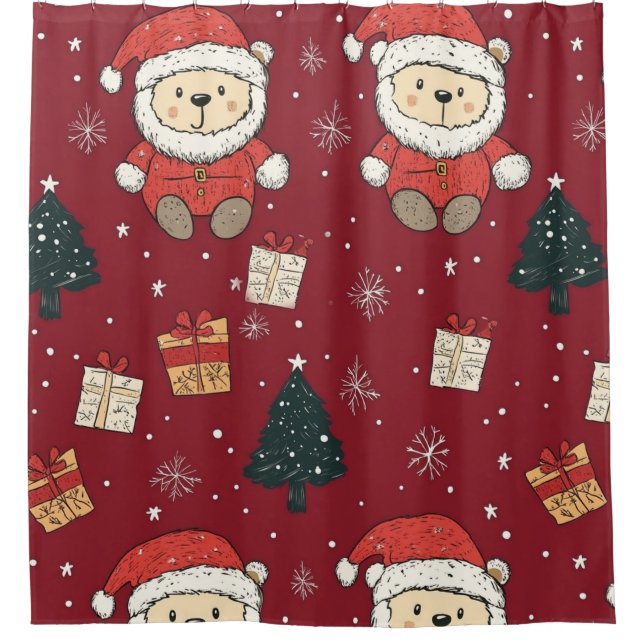 Cute Teddy Bear & Santa on Red (1) Shower Curtain (Front)