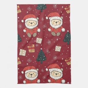 Cute Teddy Bear & Santa on Red (1) Tea Towel
