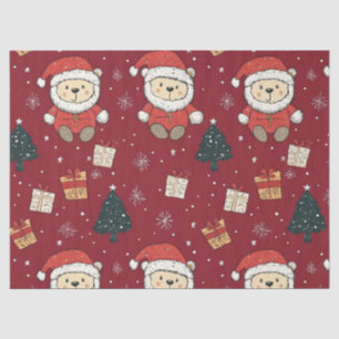 Cute Teddy Bear & Santa on Red (1) Tissue Paper