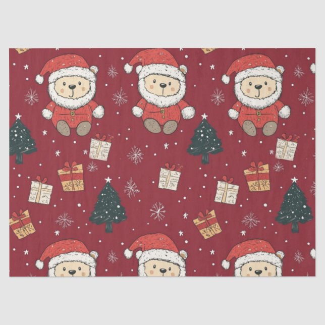 Cute Teddy Bear & Santa on Red (1) Tissue Paper (Front)