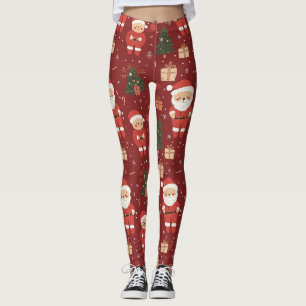 Cute Teddy Bear & Santa on Red (2) Leggings