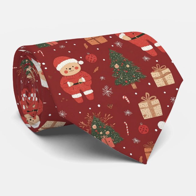 Cute Teddy Bear & Santa on Red (2) Tie (Rolled)