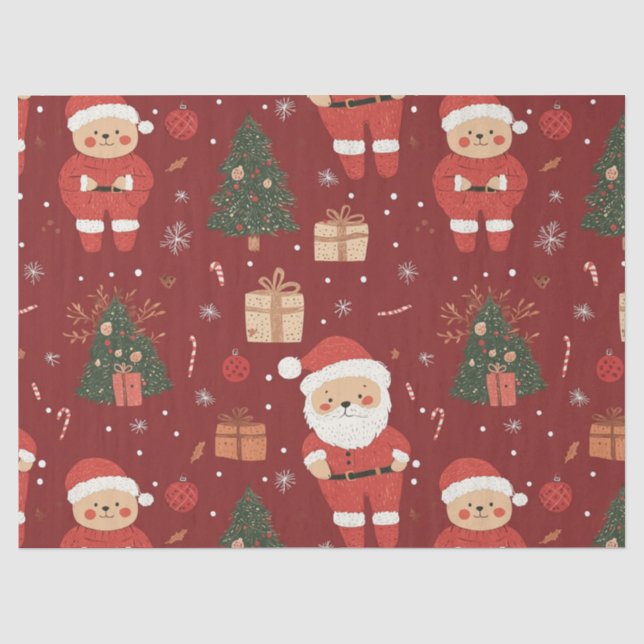 Cute Teddy Bear & Santa on Red (2) Tissue Paper (Front)
