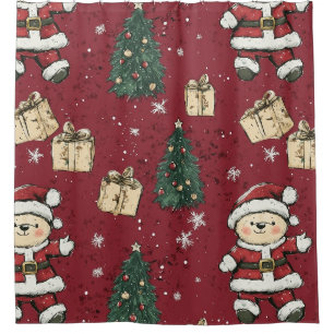 Cute Teddy Bear & Santa on Red (3) Shower Curtain