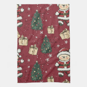 Cute Teddy Bear & Santa on Red (3) Tea Towel