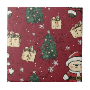 Cute Teddy Bear & Santa on Red (3) Tile