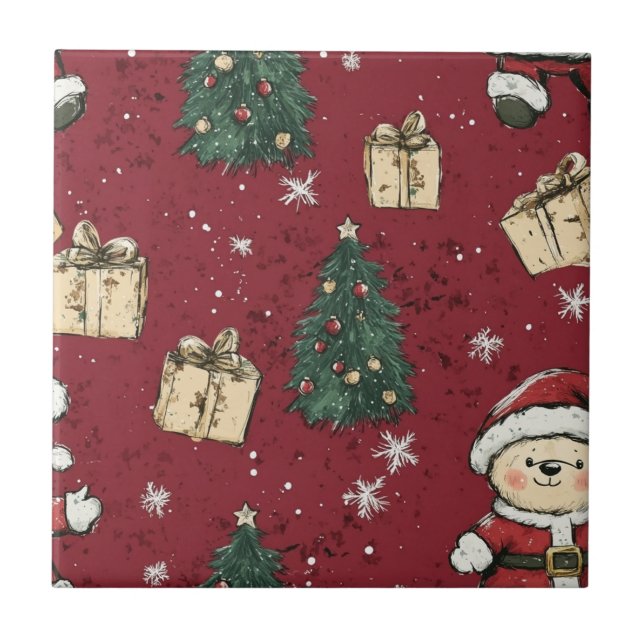 Cute Teddy Bear & Santa on Red (3) Tile (Front)