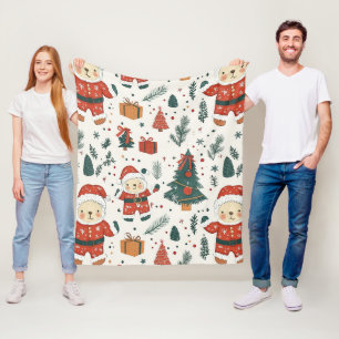 Cute Teddy Bear & Santa on White (1) Fleece Blanket