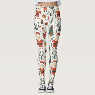 Cute Teddy Bear & Santa on White (1) Leggings