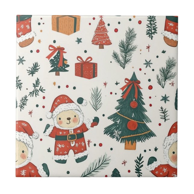 Cute Teddy Bear & Santa on White (1) Tile (Front)