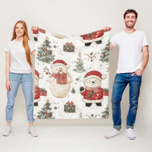 Cute Teddy Bear & Santa on White (2) Fleece Blanket