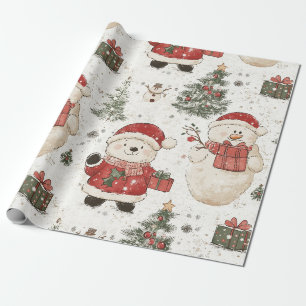 Cute Teddy Bear & Santa on White (2) Wrapping Paper