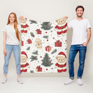 Cute Teddy Bear & Santa on White (3) Fleece Blanket