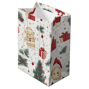 Cute Teddy Bear & Santa on White (3) Medium Gift Bag