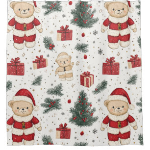 Cute Teddy Bear & Santa on White (3) Shower Curtain