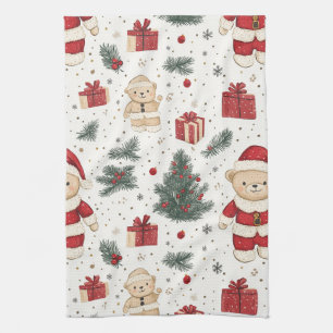 Cute Teddy Bear & Santa on White (3) Tea Towel