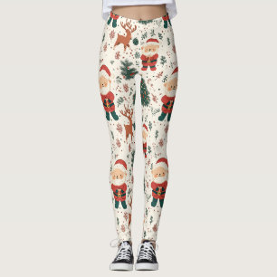 Cute Teddy Bear & Santa on White (4) Leggings