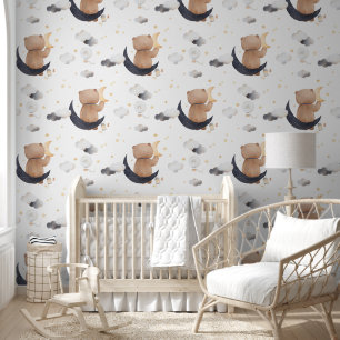 Cute Teddy Bear Sitting On Moon White Nursery Wallpaper