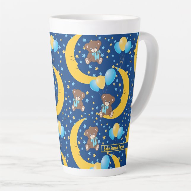 Cute Teddy Bear Sitting on the Moon Pattern Latte Mug (Right Angle)