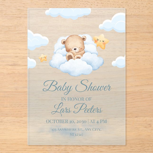 Cute Teddy Bear Sleeping on Cloud Baby Shower Invi Acrylic Invitations (Front)