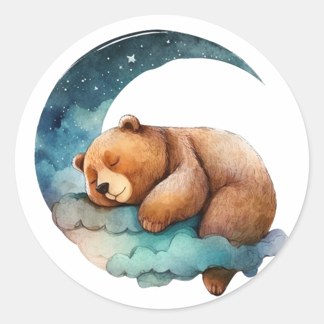 Cute Teddy Bear Sleeping on the Crescent Moon Classic Round Sticker (Front)