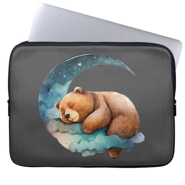 Cute Teddy Bear Sleeping on the Crescent Moon Laptop Sleeve (Front)
