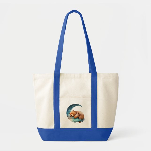 Cute Teddy Bear Sleeping on the Crescent Moon Tote Bag (Front)