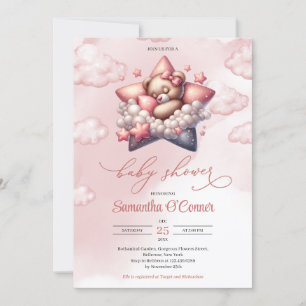 Cute teddy bear sleeping on the stars rose gold  invitation