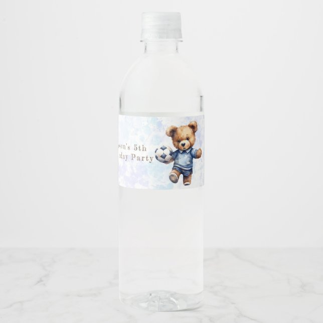 Cute Teddy Bear Soccer Birthday Party Water Bottle Label (Front)