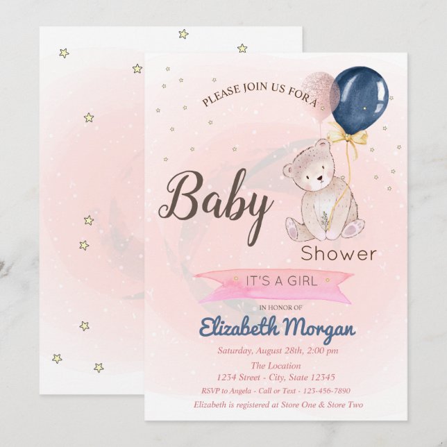 Cute Teddy Bear,Stars Baby Shower Invitation (Front/Back)
