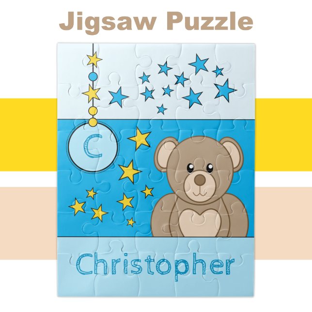 Cute teddy bear stars name blue kids jigsaw puzzle (Creator Uploaded)