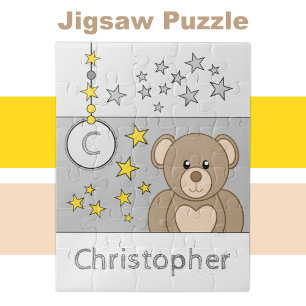 Cute teddy bear stars name grey jigsaw puzzle