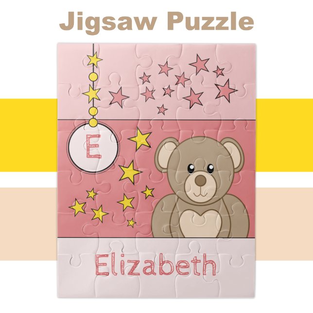 Cute teddy bear stars name pink kids jigsaw puzzle (Creator Uploaded)