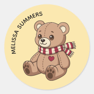 Cute Teddy Bear Striped Scarf Custom Name Yellow Classic Round Sticker