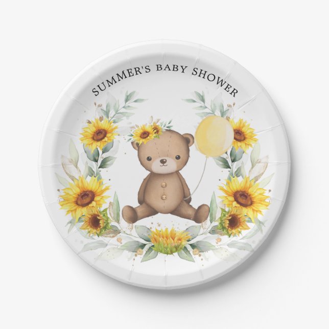 Cute Teddy Bear Sunflower Baby Shower 1st Birthday Paper Plate (Front)