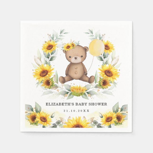 Cute Teddy Bear Sunflower Balloon Baby Shower Napkin (Front)